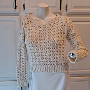 H&M Divided Ivory Cream Open-weave Knit Hi-low Crewneck Pullover Sweater